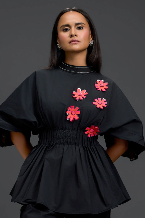 Black Floral Peplum Co-ord Set