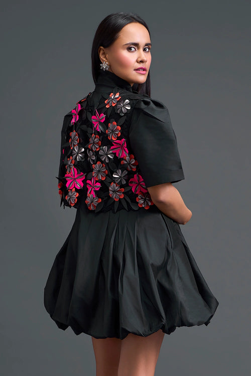 Black 3D Floral Jacket and Taffeta Bubble Dress