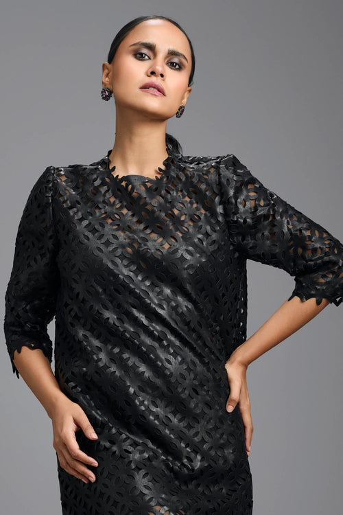 Black Laser-cut Dress with Sheer Hem