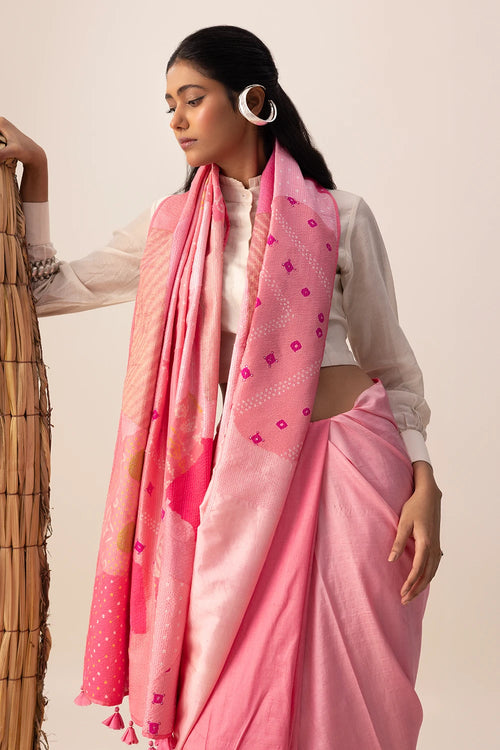 Pink Bandhani Patchwork Saree
