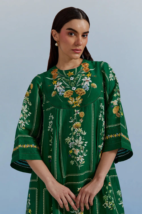 Green Bouquet Pleated Dress