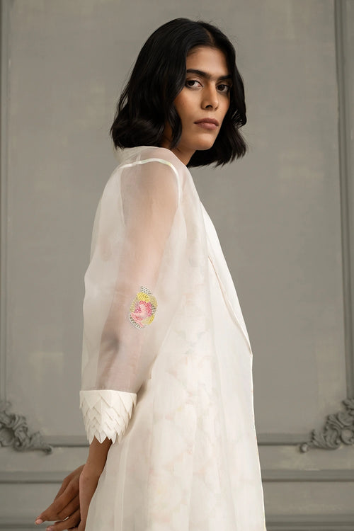 Ivory Appliqué Organza Jacket with Multiprint Linen Dress