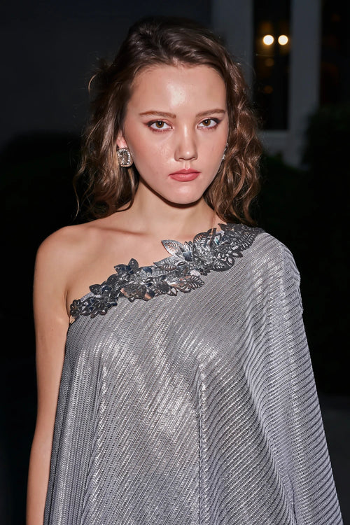 One-Shoulder Lace Cape With Cutowork & Pant Set