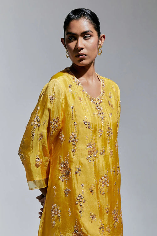 Amber Abstract Floral Embroidered Silk Sharara Set