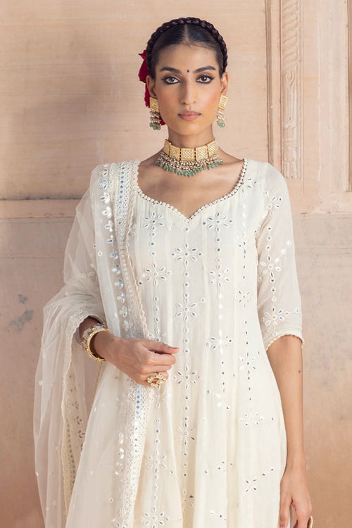 Off White Big Flower Anarkali with Pants and Dupatta