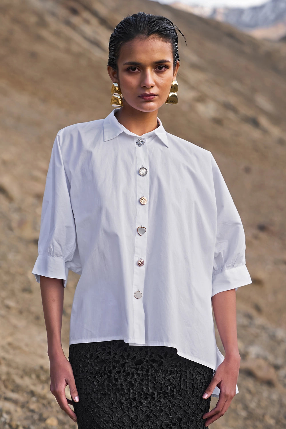 Fancy Button Boxy Shirt With Metallic Lace Skirt
