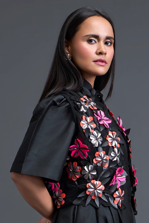 Black 3D Floral Jacket and Taffeta Bubble Dress