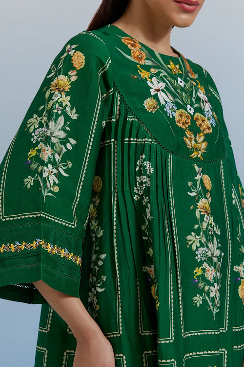 Green Bouquet Pleated Dress