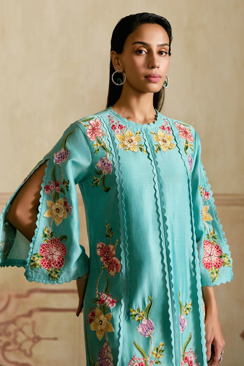 Aqua Mosaic Floral Kurta with Sheer Detail Pants