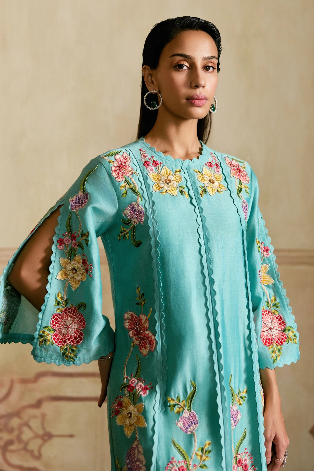 Aqua Mosaic Floral Kurta with Sheer Detail Pants