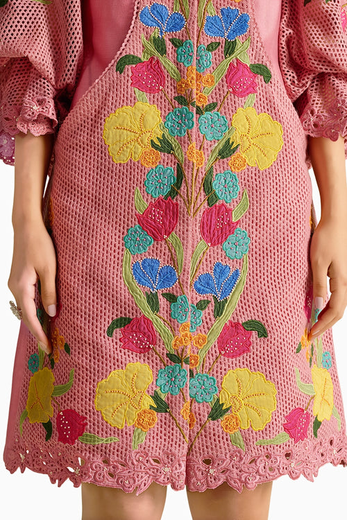 Pink Applique Mesh Layered Short Dress