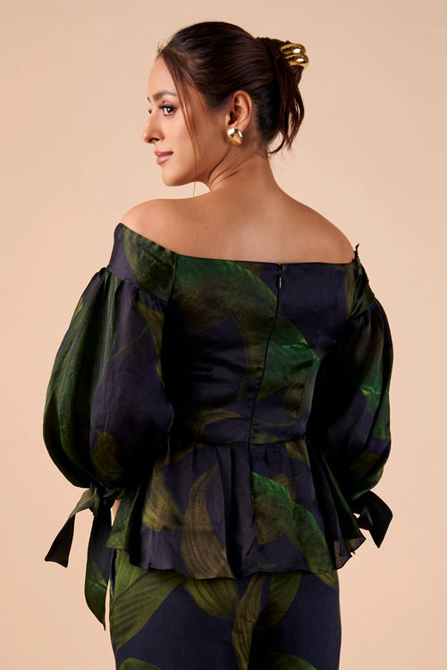 Dark Hue Leaf Off Shoulder Top