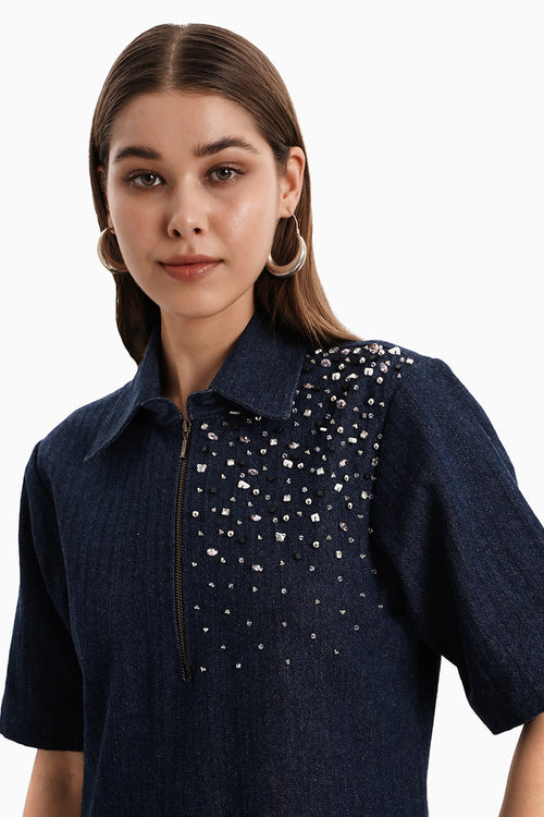 Dark Herringbone Denim Dress