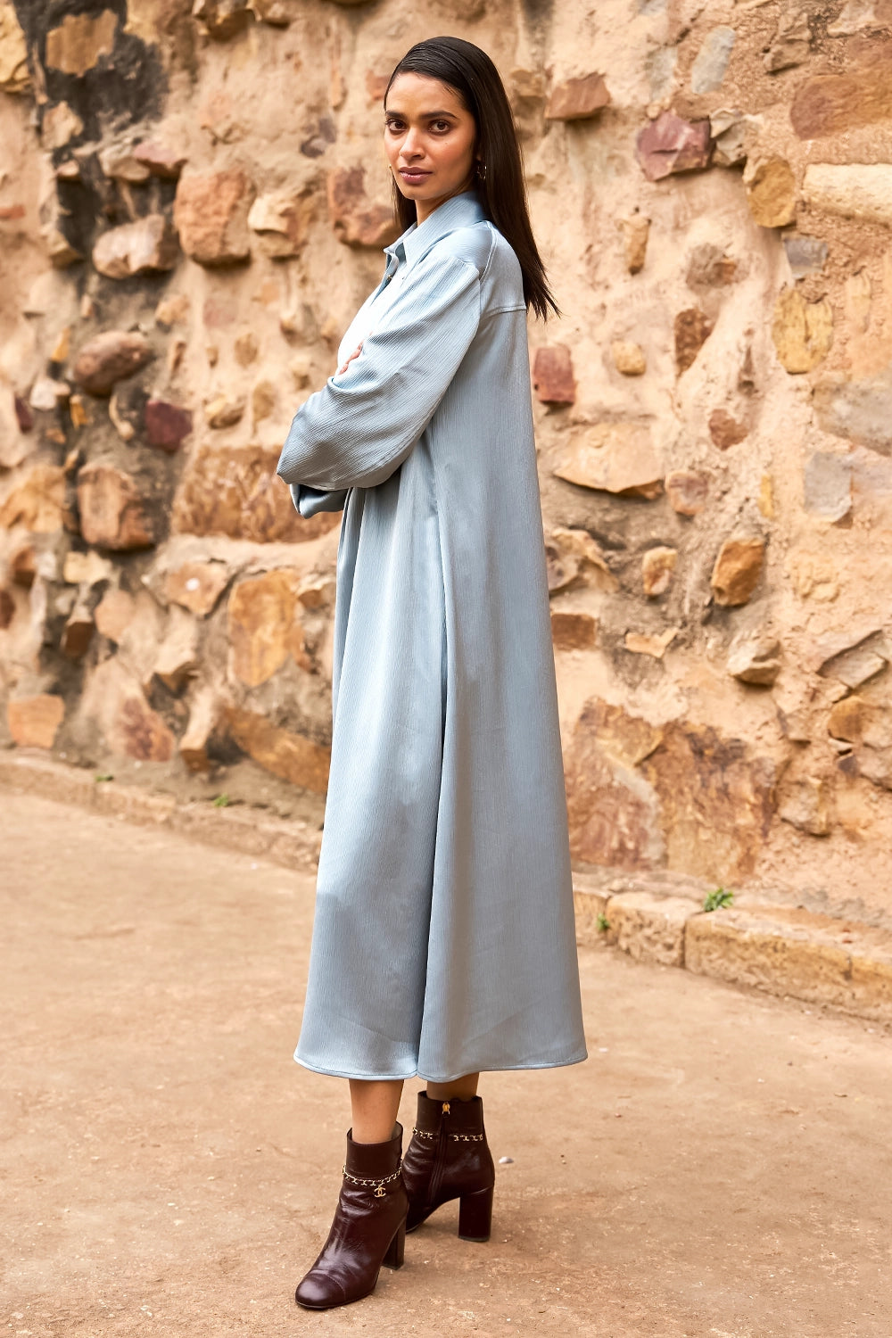 Textured Satin Shirt Dress