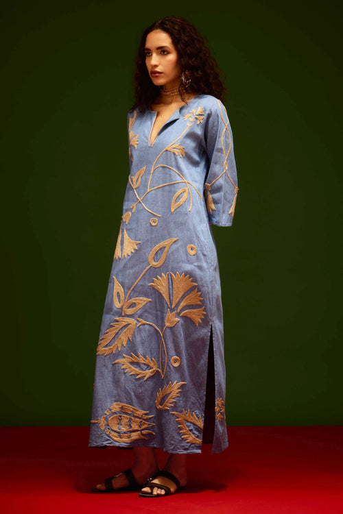 Denim Blue Cotton Maxi Dress with Thread Embroidery