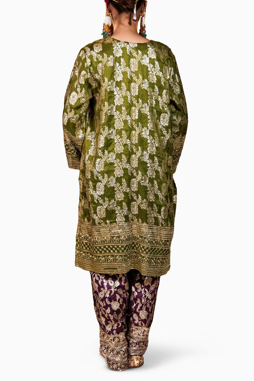 Green Purple Banarasi Begum Tunic Set