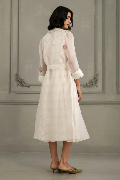Ivory Appliqué Organza Jacket with Multiprint Linen Dress