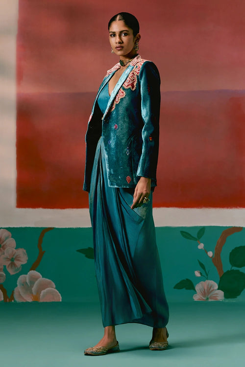Teal Aztec Blazer Dhoti Set