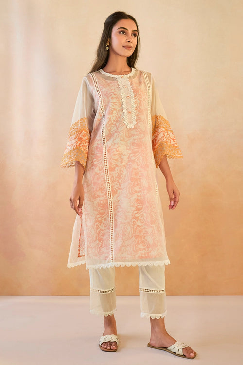 Orange Floral Embroidered Organza Slip Kurta Set