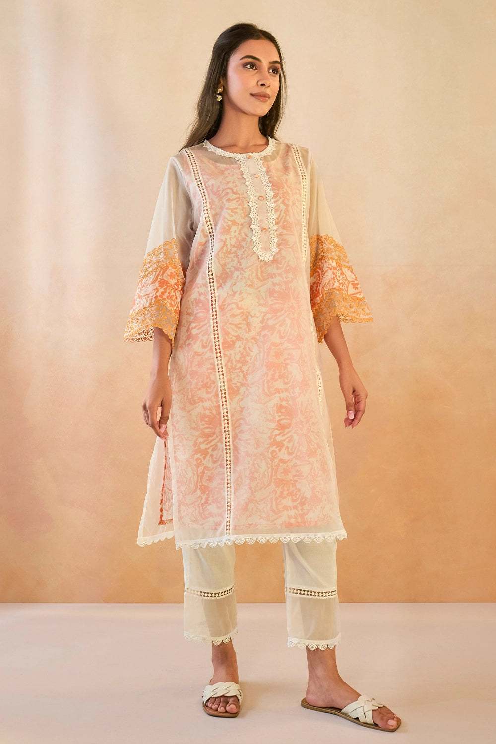 Orange Floral Embroidered Organza Slip Kurta Set