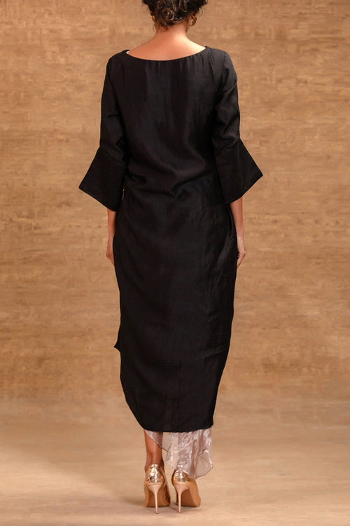 Eeda Black Silk Side Gather Party Dress