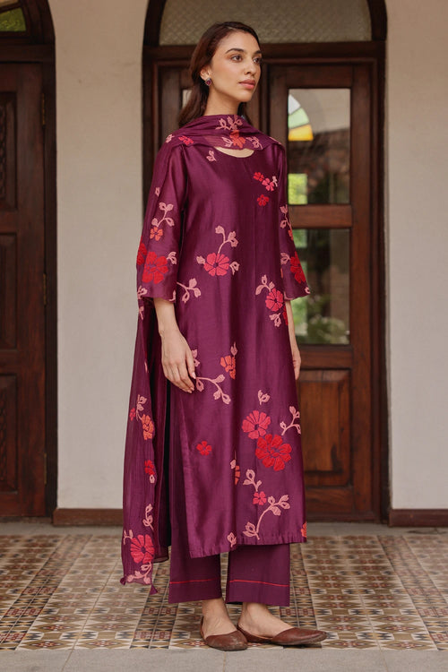 Amethyst Silk Applique Floral Kurta Set