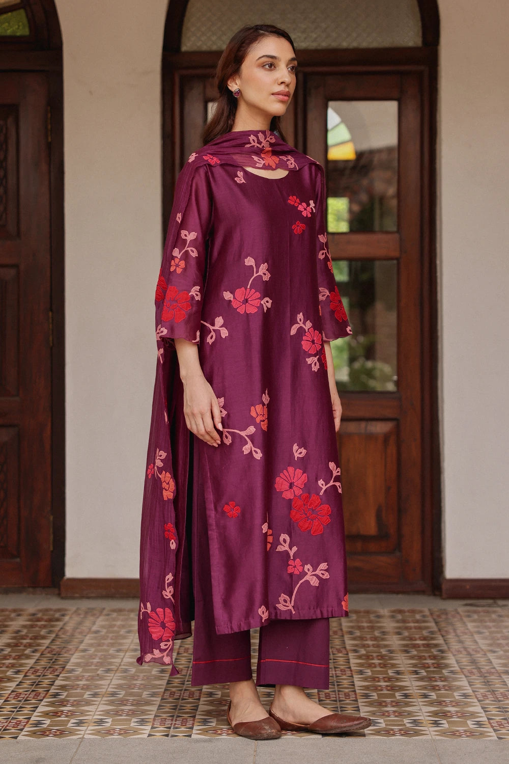 Amethyst Silk Applique Floral Kurta Set