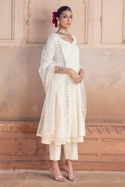 Off White Big Flower Anarkali with Pants and Dupatta