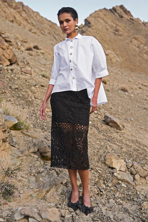 Fancy Button Boxy Shirt With Metallic Lace Skirt