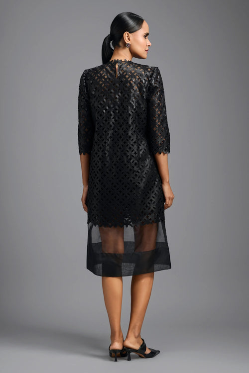 Black Laser-cut Dress with Sheer Hem