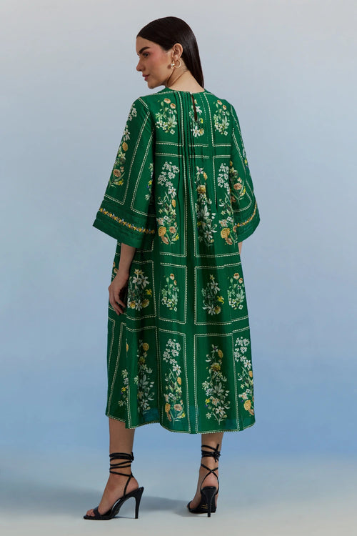 Green Bouquet Pleated Dress