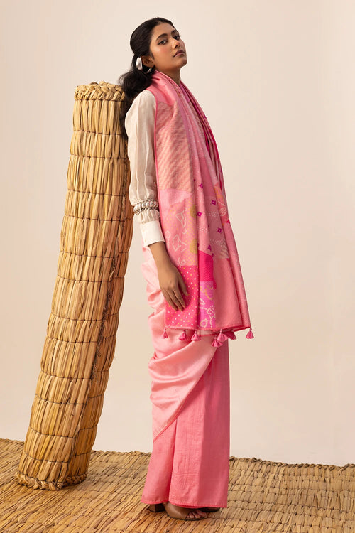 Pink Bandhani Patchwork Saree