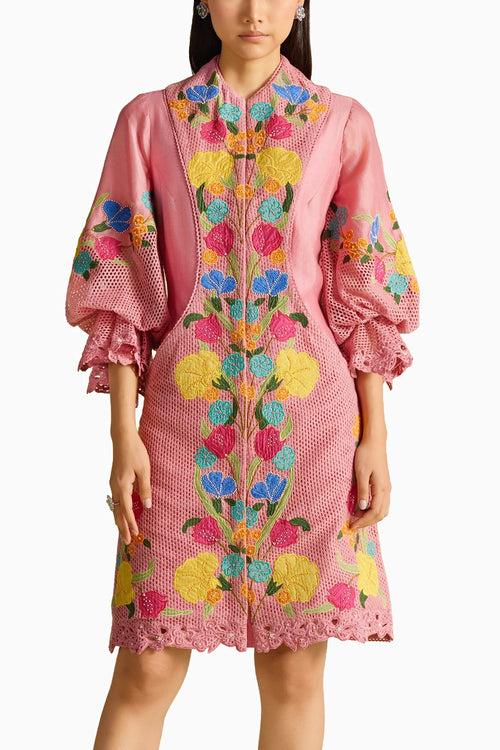 Pink Applique Mesh Layered Short Dress
