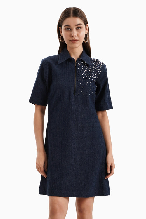 Dark Herringbone Denim Dress