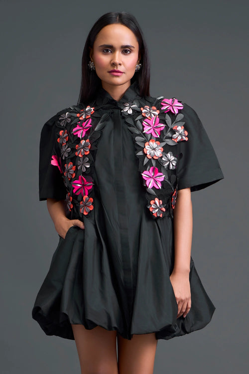 Black 3D Floral Jacket and Taffeta Bubble Dress