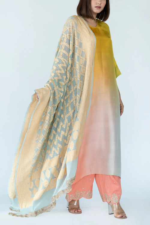 Yellow Green Ombre Kurta With Dupatta