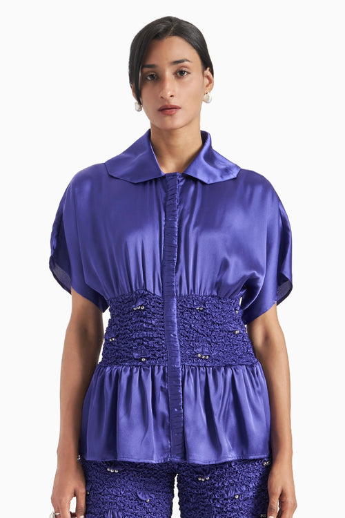 Yves Blue Bodycon Wave Smocked Top With Winged Sleeves