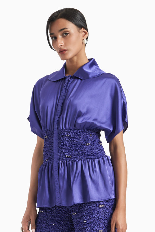 Yves Blue Bodycon Wave Smocked Top With Winged Sleeves