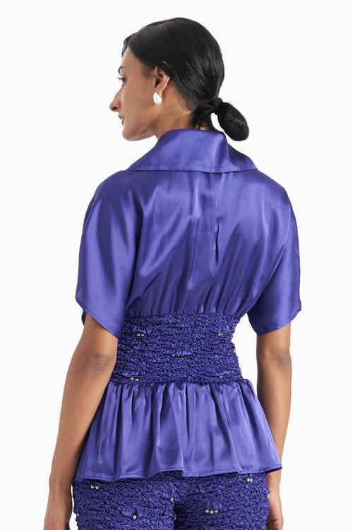Yves Blue Bodycon Wave Smocked Top With Winged Sleeves
