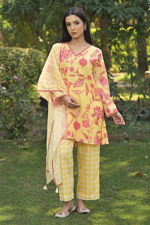 Yellow Cotton Chanderi Suit