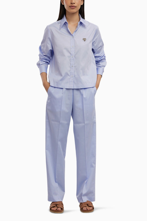 Sky Blue Swarovski Heart Crop Shirt with Loose Pants