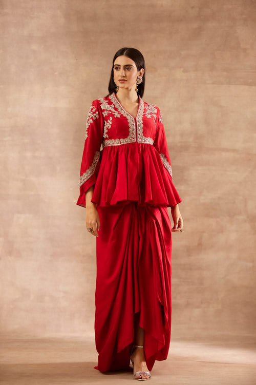 Red Embroidered Peplum Top and Skirt Set