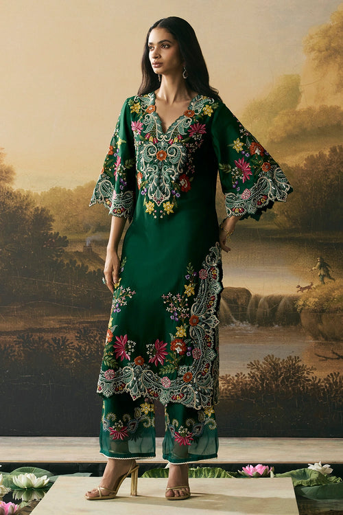 Emerald Green Contrast Floral Cordwork Kurta With Pants