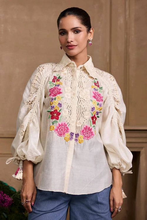 Ivory Yoke Detail Tieup Shirt