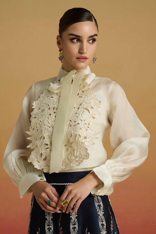 Ivory Cutwork Bib Layered Shirt with Panelled Amaryllis Skirt