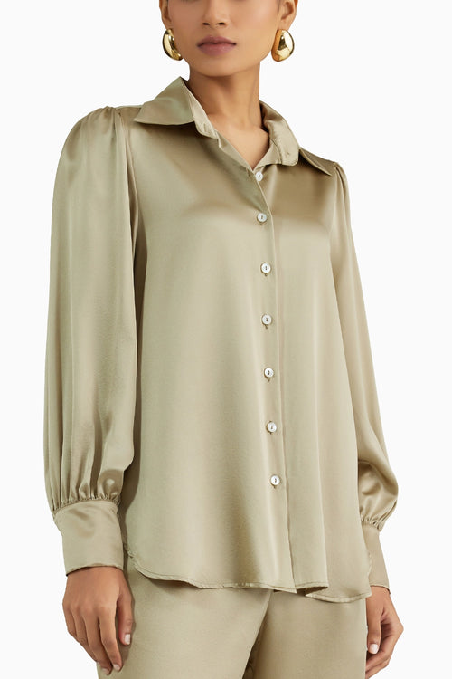 Olive Silk Bishop Sleeved Shirt