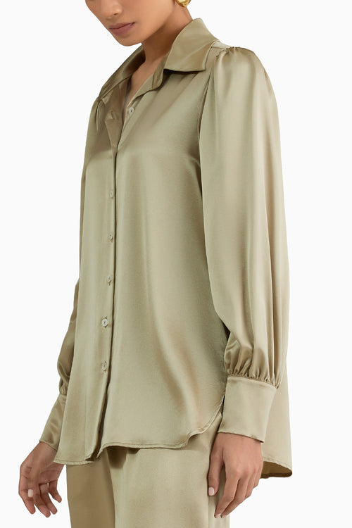 Olive Silk Bishop Sleeved Shirt