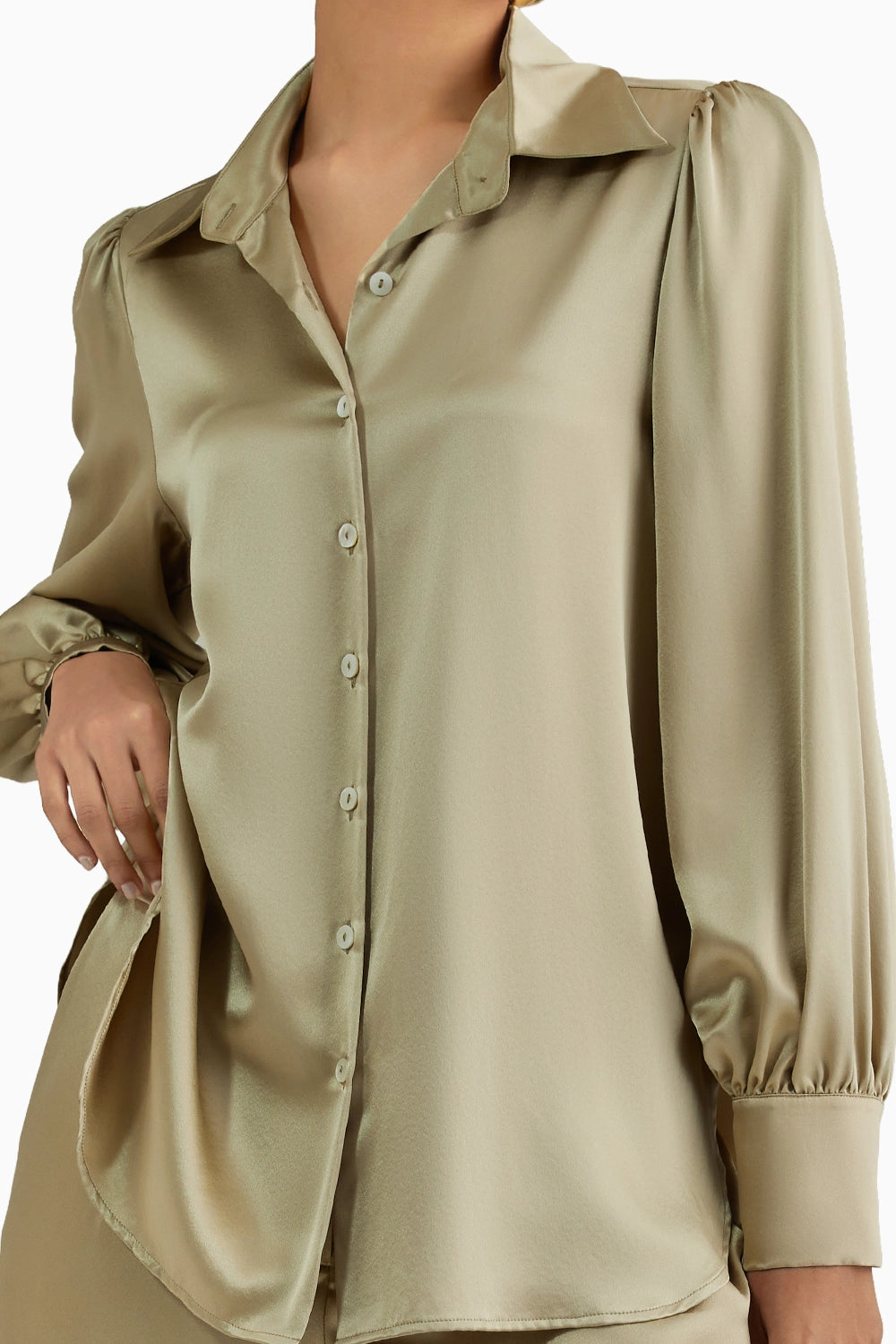 Olive Silk Bishop Sleeved Shirt