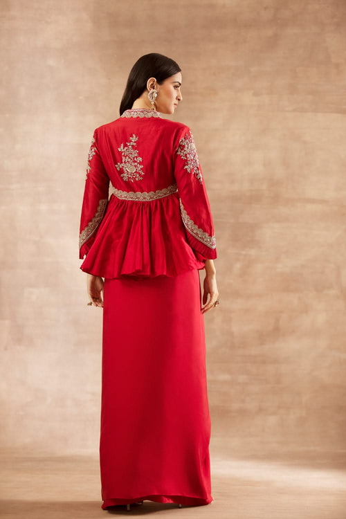 Red Embroidered Peplum Top and Skirt Set