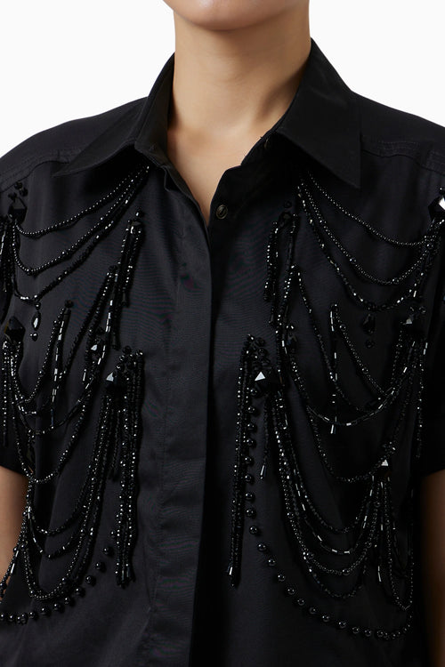 Fringe Black Crop Shirt